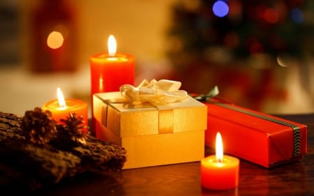 Merry Christmas - candles, lighted, Christmas, gifts