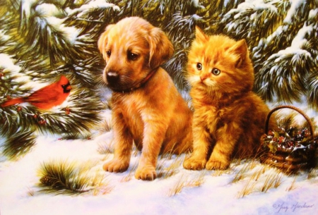 Winter friends - cardinal, winter, snow, friends, puppy, cat