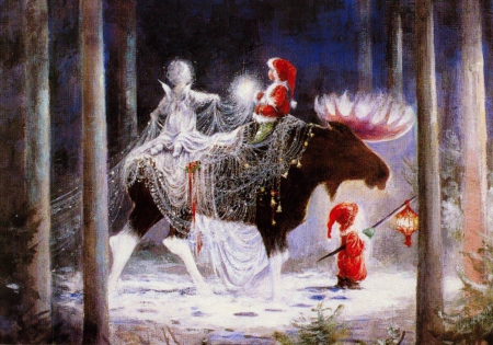 Christmas moose - moose, winter, walking, fairy, dwarfs