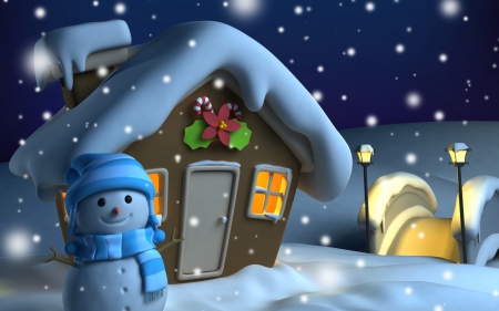 Cute Snowman - snowman, abstract, snow, 3d and cg, house, cute