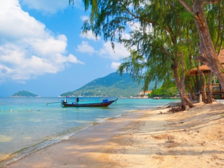 Beach - nature, sky, beach, trees, clouds, boat