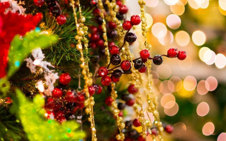 Merry Christmas! - red, berry, decoration, bokeh, yellow, christmas, green