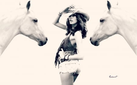 Mona Johannesson - woman, hat, cowgirl, black, model, white, horse, mona johannesson, by cehenot