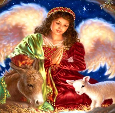 Christmas Angel - sheep, woman, donkey, painting, wings, artwork