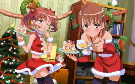 Have A Bite! - mikoto misaka, kuroko, anime friends, wreath, anime girl, big eyes, anime, brunette, kuroko shirai, to aru majutsu no index, blushing, shirai, mikoto, christmas, misaka, christmas tree, cake, friends