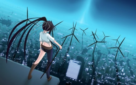 NightScape - nightscape, to aru majutsu no index, windmills, kaori kanzaki, anime girl, cityscape, black hair, kaori, kanzaki, anime, sword