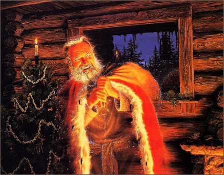 Santa Claus - tree, loghut, decoration, artwork