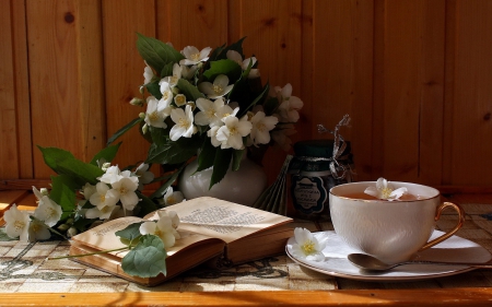 Still Life - flowers, still life, cup, book