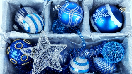 Blue Christmas Ornaments - christmas, abstract, blue, photography, ornaments