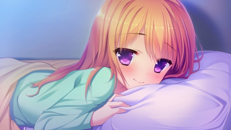 Being Lazy - nice, bed, female, blond, anime girl, laying, blond hair, pretty, blonde hair, anime, purple eyes, cute, pillow, girl, adorable, long hair, lay, lovely, cg, hd, kawaii, sweet, bedroom, blonde