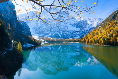 First Snow Over Alps - lake, fall, italy, forest, reflection, snow, beautiful, mountains