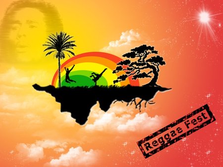 reggae fest - reggae, bob marley, palm tree, clouds, island, music