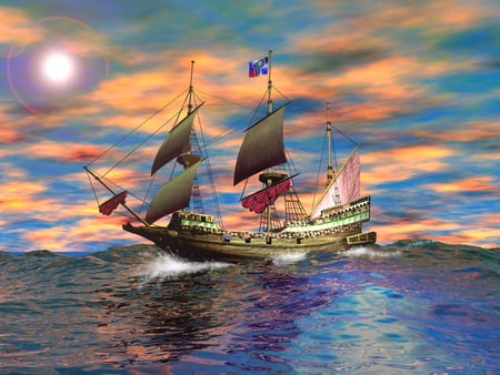 Ship caught in the high seas - sail, ocean, blue, 3d and cg, fantasy, boat