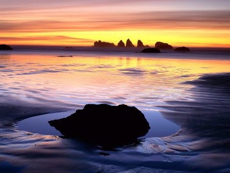 Calm Waters - beach, golden sky, island, ocean, sand, rocks