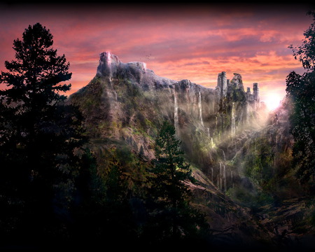 Hidden World - hill, mountain, hidden, sun, lost, town, forest, castle, rock