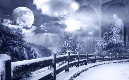 Fantasy Winter - moon, railing, trees, grey, winter, road, mountains, statue