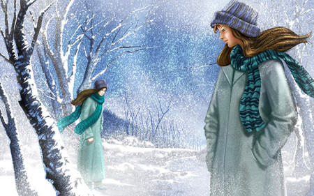 Walking in the snow - beanie, ladies, snow falling, jackets, walking, winter, hats, scarves