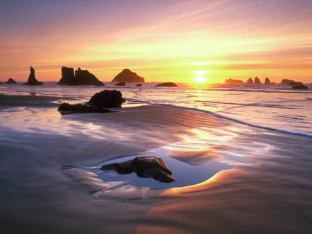 Rocky Beach - beach, soft sand, sunrise, low tide, rocks