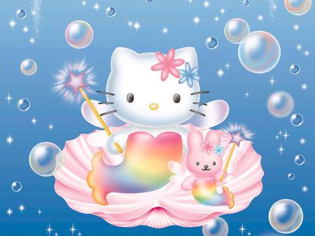 Hello Kitty - wand, rabbit, water, dress, pink, bunny, shell, mermaid, bubbles, hello kitty, cute, bow