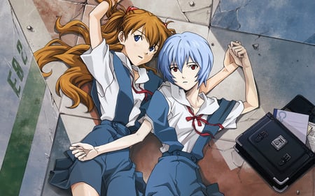 Asuka and Rei - school uniform, evangelion, anime, rei, asuka, school girls