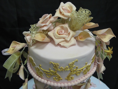 Roses And Icing - cake, lilies, pink roses, wedding cake, roses, gold