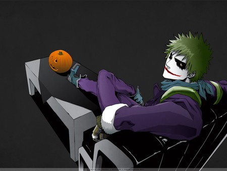 Ichigo as a Joker at the Halloween - bleach, joker, halloween pumpkin, anime boy, halloween, cool, boy, ichigo, anime, green hair