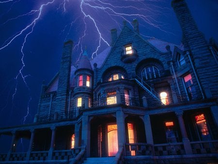 Haunted House - scary, windows, creepy, night, fantasy, storm, art, horror, house, haunted house, lightening