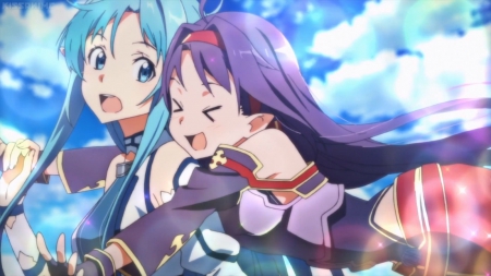 Big Hug - pretty, anime, kawaii, female, konno yuuki, alo, long hair, armor, yuuki, blue hair, sword art online, sao, nice, hug, purple hair, sky, anime girl, asuna, beautiful, girl, konno, yuuki asuna, beauty, lovely, sweet, yuuki konno, knight, asuna yuuki, cloud, cute, adorable