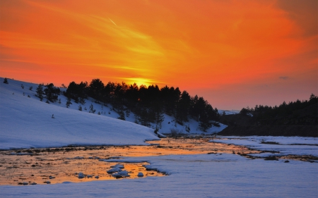 Winter Sunset - river, trees, hills, winter, sunset, nature, cold, snow