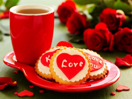 With Love - roses, tea, cookies, heart, flowers, love, cup