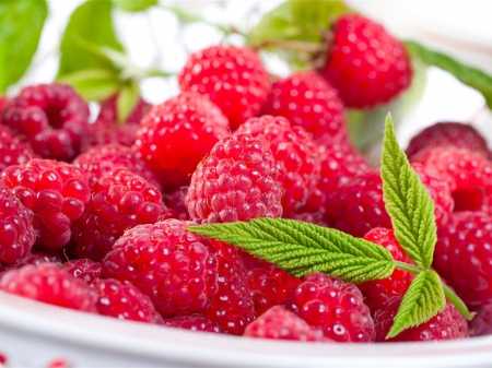 Fresh Red Raspberries - fresh, red, food, fruits, leaves