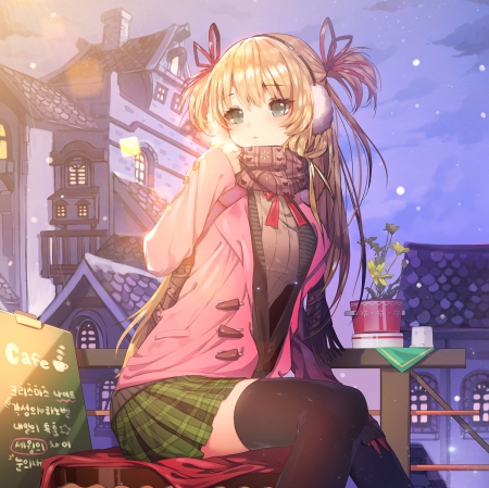 ゜❅ ゜ - pretty, female, scenery, scene, maiden, snow, night, light, blond, nice, house, city, beauty, mini skirt, scarf, lady, cute, building, anime, kawaii, town, blonde, blond hair, long hair, home, anime girl, winter, skirt, beautiful, sweater, girl, blonde hair, lovely, sweet, jacket, adorable