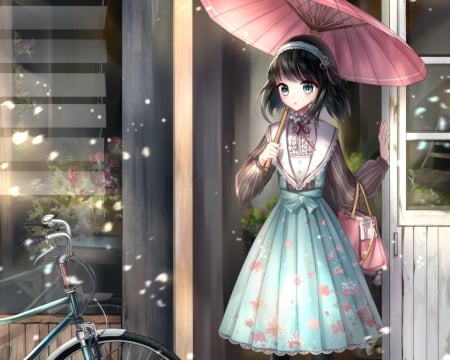 Sugar Factory - nice, female, anime girl, home, pretty, umbrella, anime, house, cute, short hair, scene, adorable, girl, bag, loli, gown, lovely, kawaii, sweet, lolita, dress