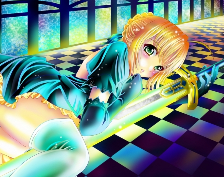 Saber - hot, anime girl, laying, blond hair, blonde hair, checkers, golden, sexy, light, long hair, lay, fate stay night, glow, beautiful, sweet, dress, nice, saber, beauty, female, blond, blade, glowing, pretty, anime, sword, excalibur, girl, lovely, gold, cg, hd, blonde