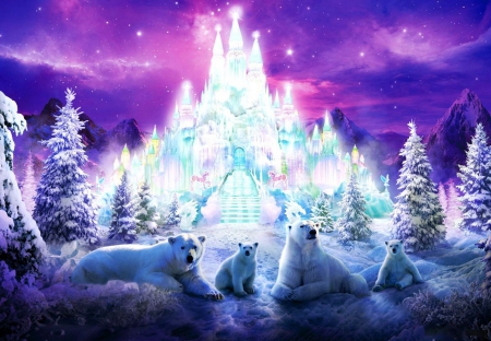 Castle in Ice - winter, polar bears, artwork, snow, firs, colors, bears, sky