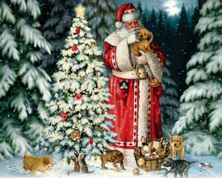 Victorian Santa - christmas, basket, decoration, artwork, snow, firs, xmas, cubs