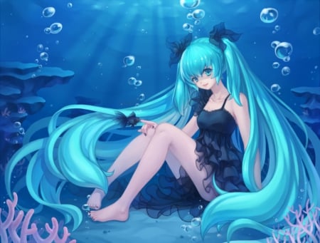 Deep Sea - hot, sundress, anime girl, underwater, coral, hatsune miku, sexy, long hair, vocaloids, vocaloid, beautiful, sweet, dress, nice, beauty, female, water, twintail, aqua hair, bubbles, miku hatsune, pretty, anime, miku, twin tail, girl, twintails, reef, gown, lovely, hatsune, blue hair, twin tails