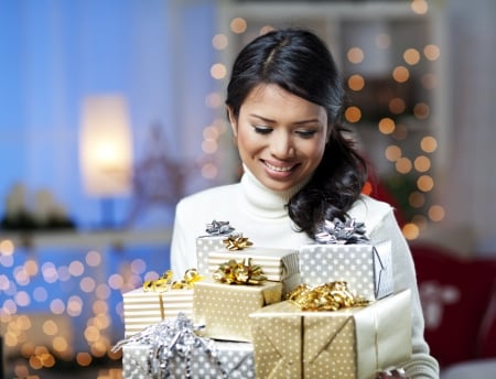 Christmas at Home♥ - christmas, woman, lights, presents, smiling, girl young