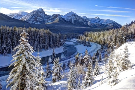 Bow River, Alberta, Canada - rockies, landscape, snow, firs, forest, mountains