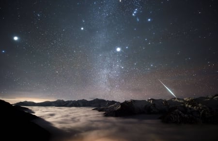 Geminid Fireball over Mount Balang - fun, stars, cool, mountain, galaxy, space