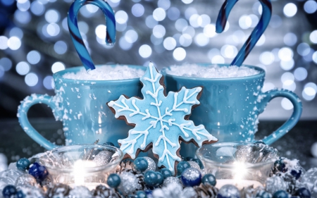 âŠ Winter Holidays âŠ - new year, bokeh, candles, white, balls, holiday, food, candle, snowflake, cups, cookie, winter, snowflakes, christmas, cup, candy, happy new year, merry christmas, blue, snow, sweet, dessert, magical atmosphere, candies