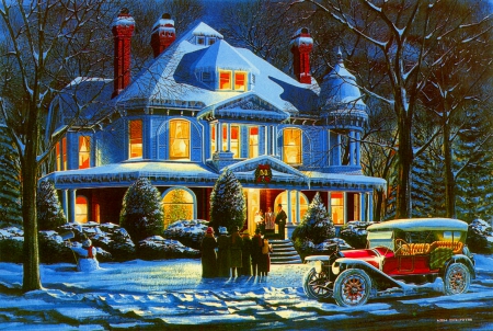 Christmas night - night, winter, christmas, painting, carols, village, art, car, evening, snow, beautiful, singing, holiday, house, lights, retro