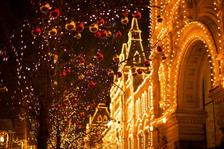 Christmas Town - russia, trees, winter, town, stars, holiday, lights, ornaments, sky, building