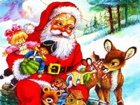 Santa and Deer - gifts, painting, artwork, snow, firs, forest