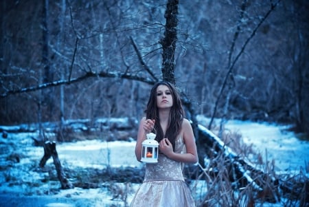 Girl holding decorative lantern - decorative, candle, lantern, forest, winter, trees, girl, snow