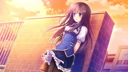 Waiting At The Gate - Hoshino, Sunset, Anime Girl, Clouds, Nagisa, Blushing, Anime, Nagisa Hoshino, Waiting, Seifuku, Hair Pins, Sky, School Gate, Blue Eyes, Kimi no Tonari de Koishiteru, School Uniform, Big Eyes