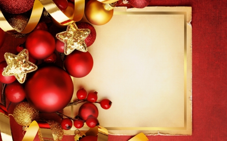 Merry Christmas! - paper, red, globe, yellow, christmas, card, bal, ribbon, golden, deco