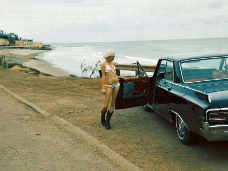 Cowgirl In Her Classic Car - style, girls, women, beach, models, cowgirls, ocean, sand, fun, anja konstantinova, female, classic, cars, boots, blondes