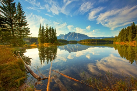 Morning Calm On Two Jack Lake - clouds, trees, blue, beautiful, sunrise, grass, reflection, mountain, crystal clear, tranquility, lake