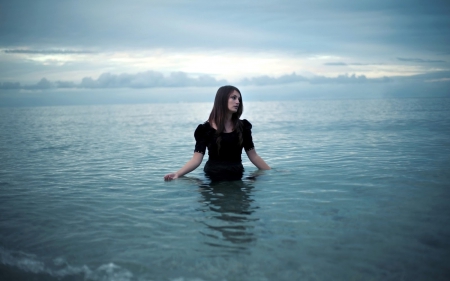 In the Water - beauty, woman, sky, female, beautiful, water, brunette, black